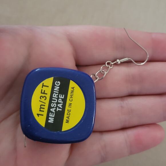 Functional blue tape measure earrings; measure up to 3 feet - Picture 2 of 3